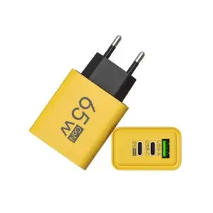 PowerCube 65W GaN 3.0 Schnellladegerät mit 2 USB-C und 1 USB-A Anschlüssen Kompaktes PowerCube Ladegerät in auffälligem Gelb für Smartphones und Laptops PowerCube 65W GaN 3.0 Schnellladegerät für MacBook, iPhone, Android und iPad